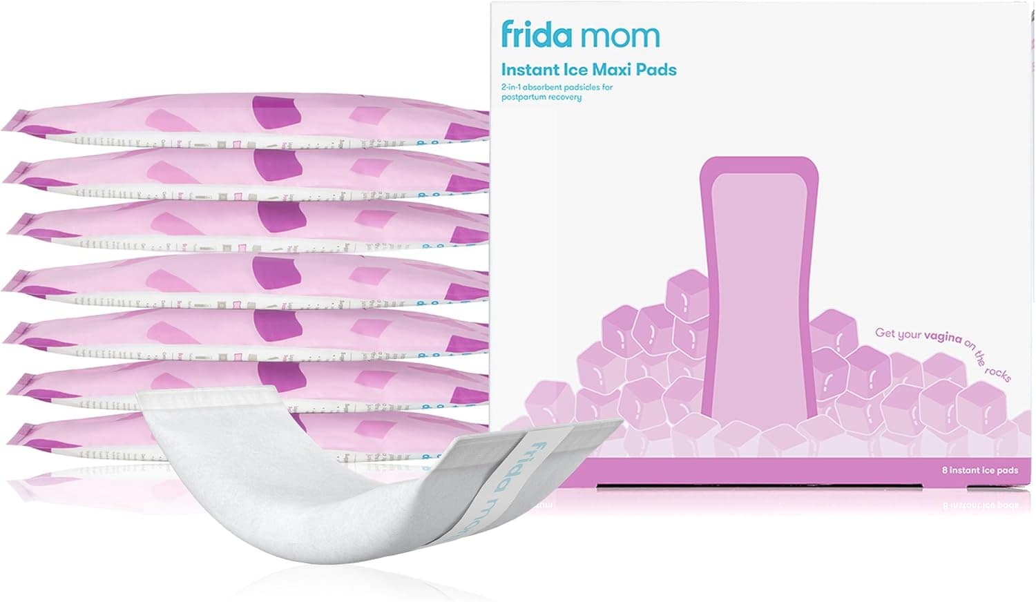 Box of Frida Mom Instant Ice Maxi Pads with a single pad displayed in front and a stack of individually wrapped pads beside the box.