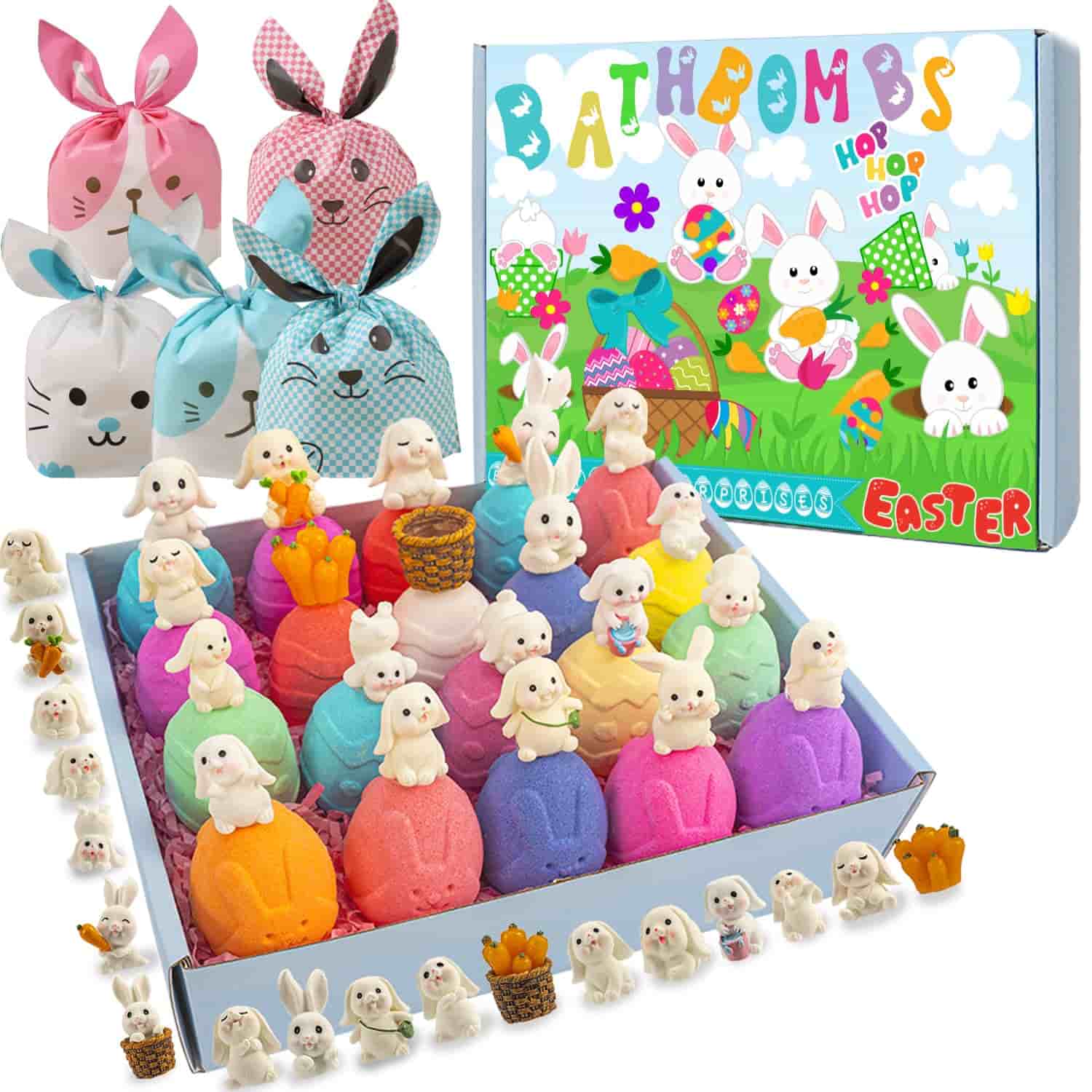 Colorful Easter-themed bath bombs in egg shapes, each topped with a small bunny figure, are displayed in a box with bunny gift bags and a festive "Bath Bombs" Easter-themed packaging.