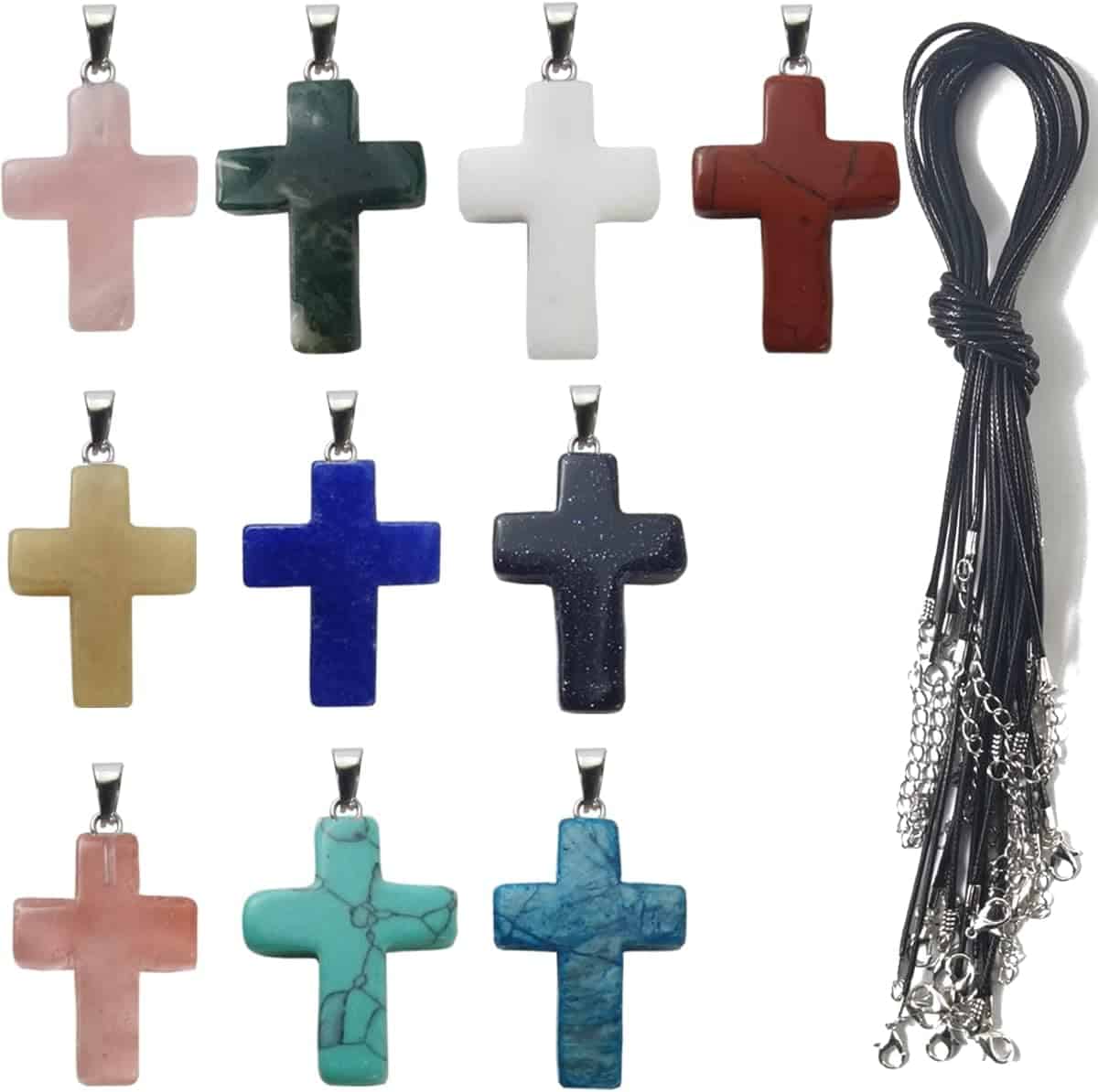 Ten assorted stone cross pendants in various colors are displayed in two rows, with a bundle of black necklace cords and silver clasps on the right side.
