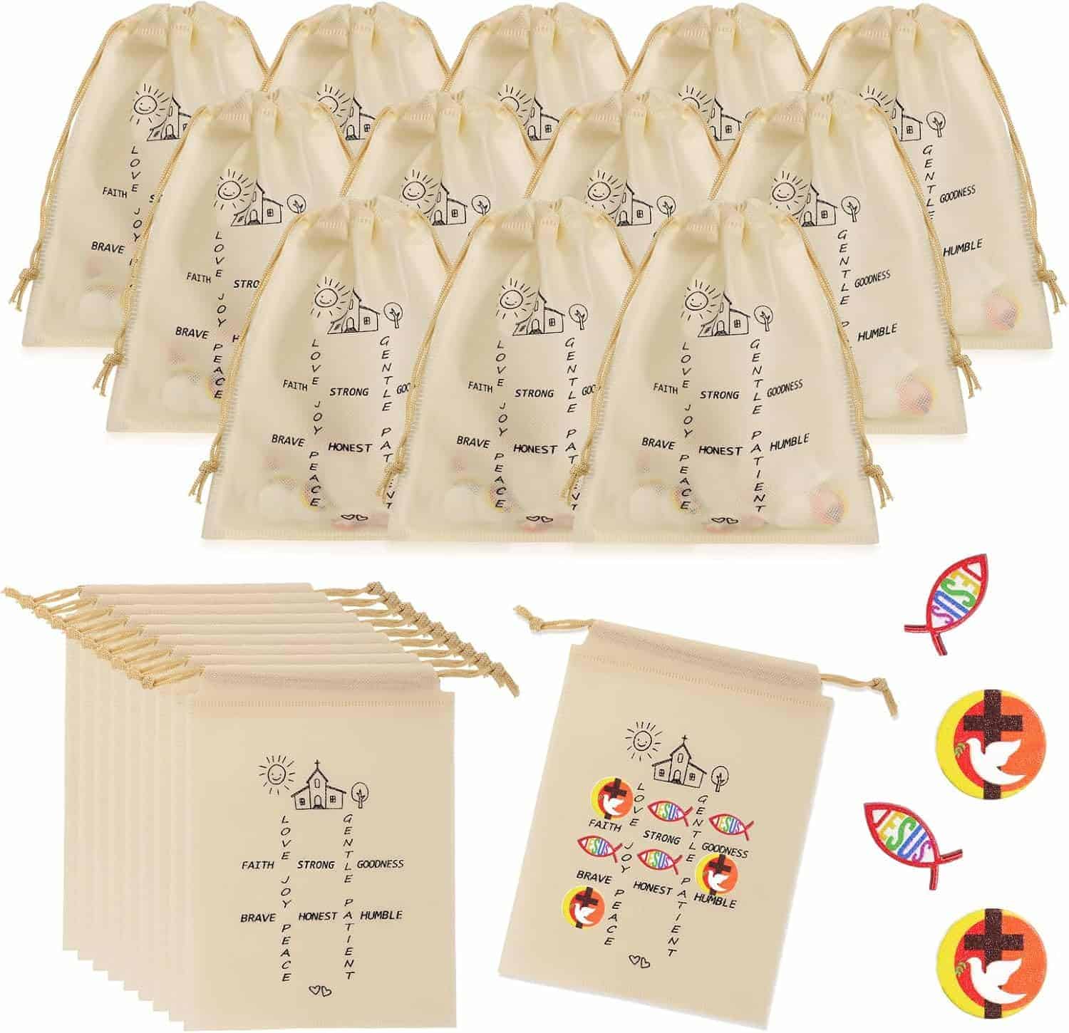 A set of twelve beige drawstring bags with printed inspirational words and symbols, displayed with included round and fish-shaped colorful stickers.