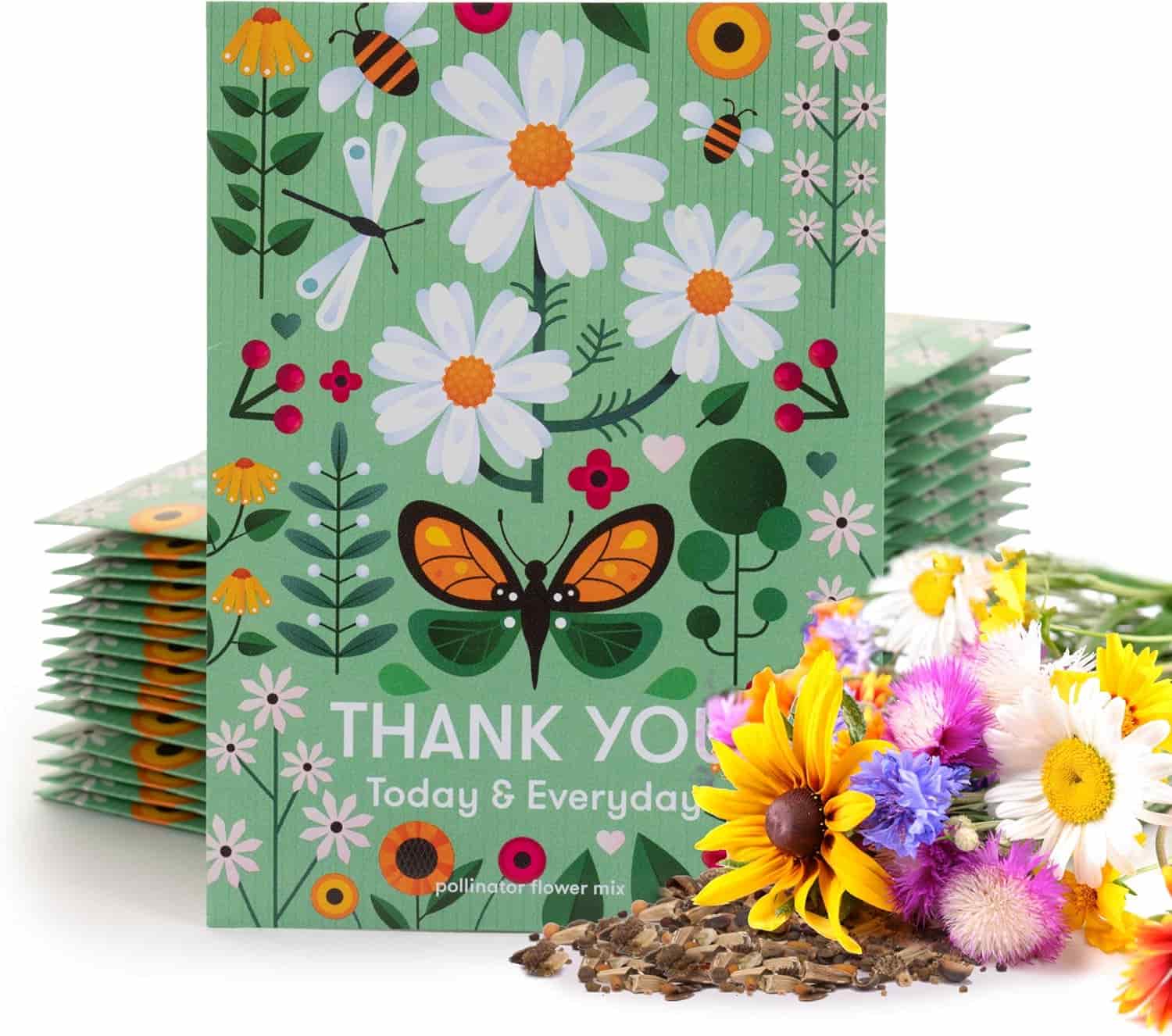 A packet of pollinator flower mix seeds with a colorful floral illustration, “Thank You Today & Everyday” text, and a mix of fresh wildflowers in front.