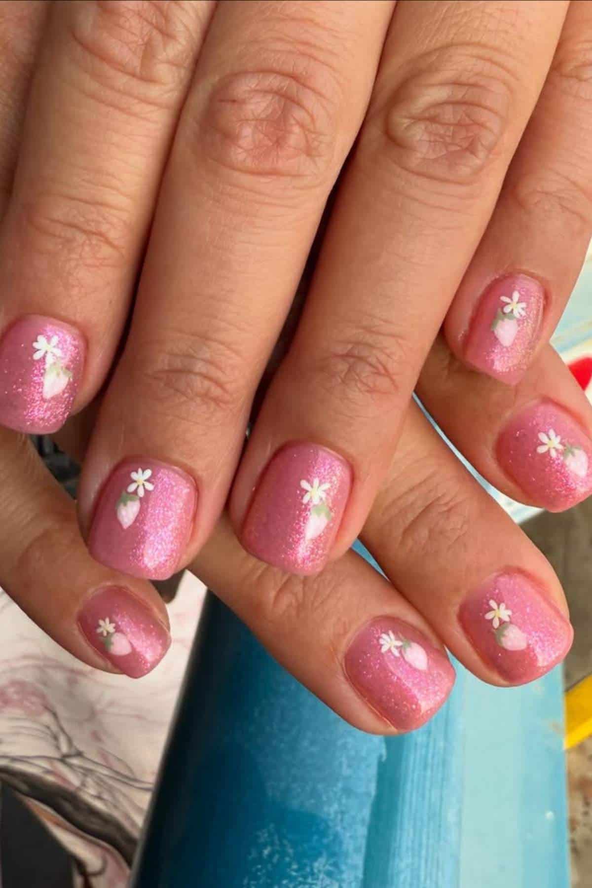 Close-up of hands with short, rounded nails painted pink with a glitter finish, decorated with small white flowers and strawberry designs on some nails.