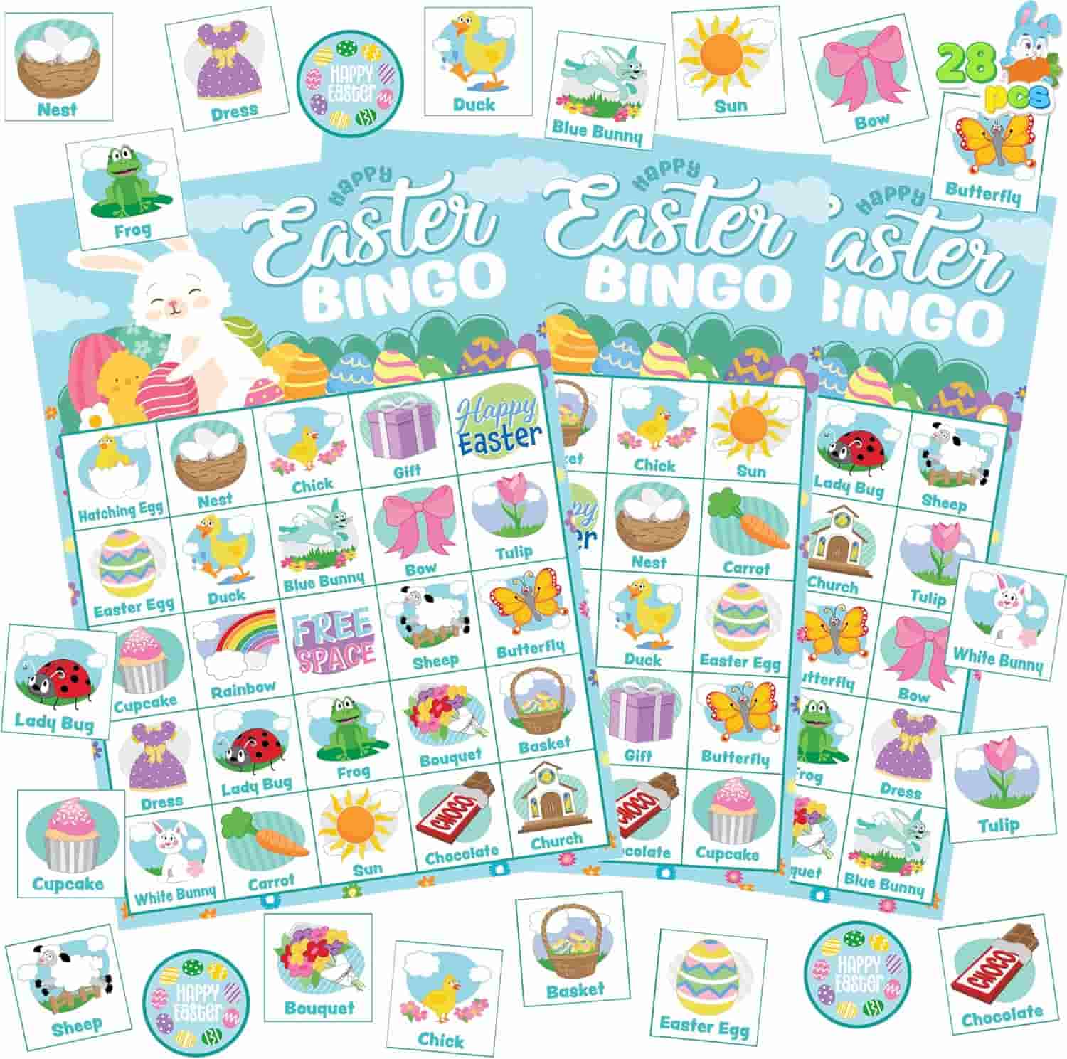 Easter-themed bingo cards and chips featuring illustrations of chicks, eggs, bunnies, flowers, and other spring symbols, arranged on a colorful background.