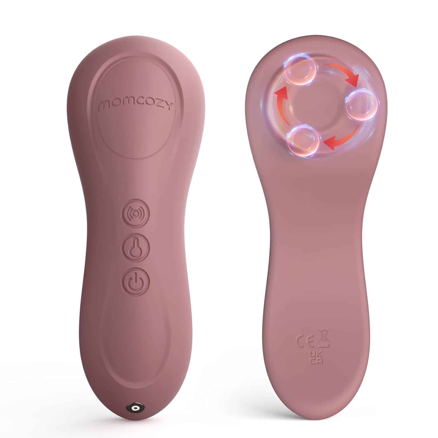 A pink handheld device with control buttons on one side and a circular area with glowing lights and arrows on the other side, labeled "momcozy.