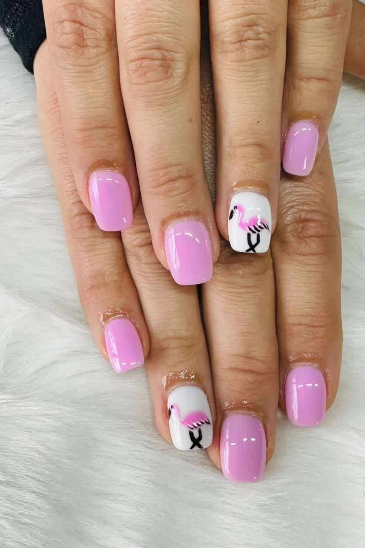 Hands with short, square-shaped nails painted light pink; ring fingernails feature a flamingo design on a white background.