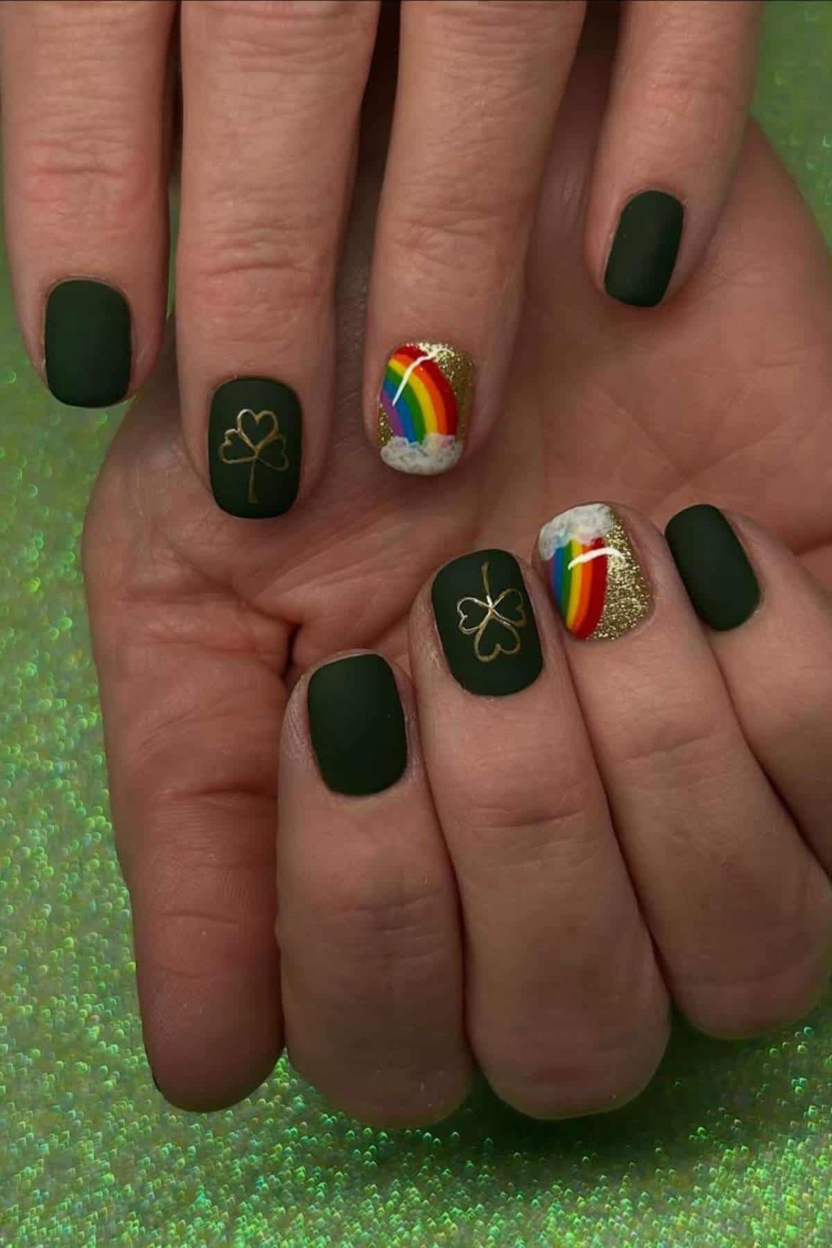 Hands with matte dark green nails, gold shamrock outlines, and two accent nails featuring rainbows with gold glitter and white clouds, on a sparkly green background.