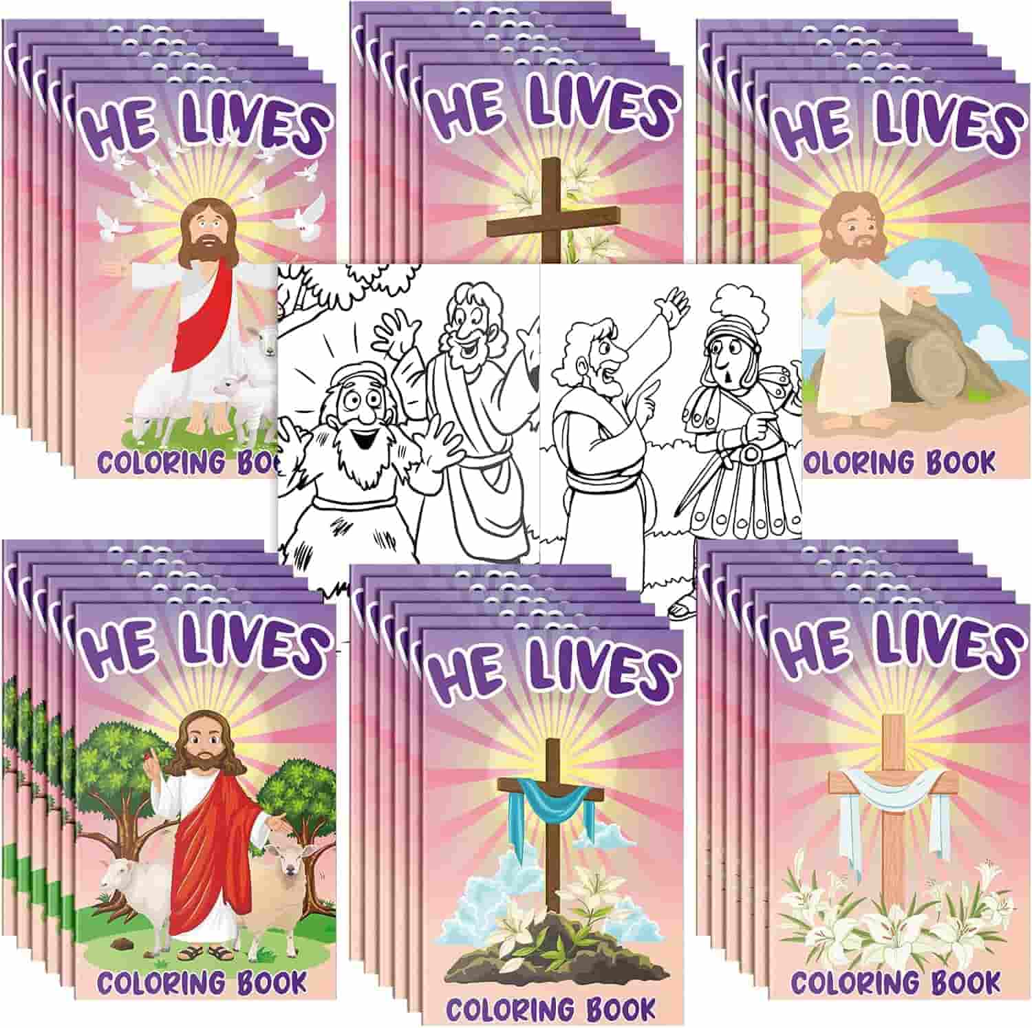Multiple "He Lives" coloring books with illustrated covers featuring Jesus, a cross, and Easter themes, some opened to show black-and-white pages for coloring.