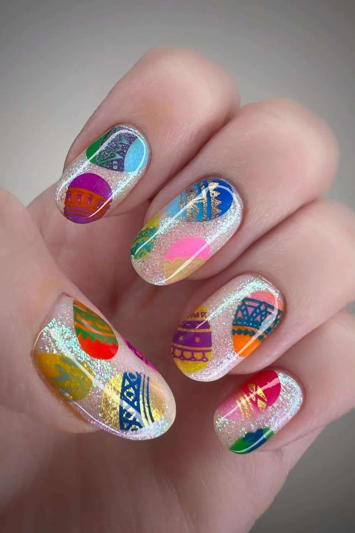 A hand with fingernails painted in a glittery base, featuring colorful Easter egg designs in various patterns and bright colors on each nail.