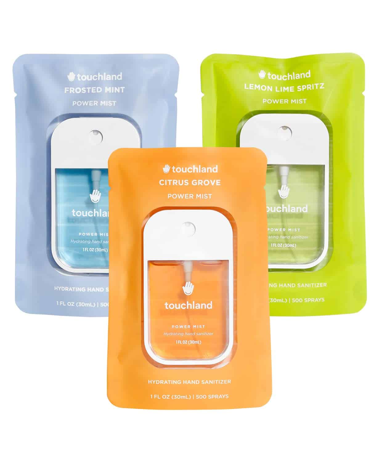 Three Touchland Power Mist hydrating hand sanitizers in Frosted Mint, Citrus Grove, and Lemon Lime Spritz varieties in colorful packaging.