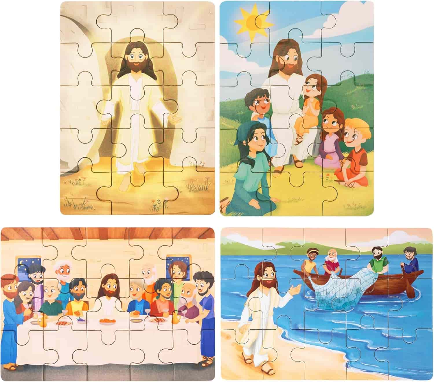 Four cartoon-style jigsaw puzzles depict scenes of Jesus: resurrection, teaching children, the Last Supper, and helping fishermen by the sea.