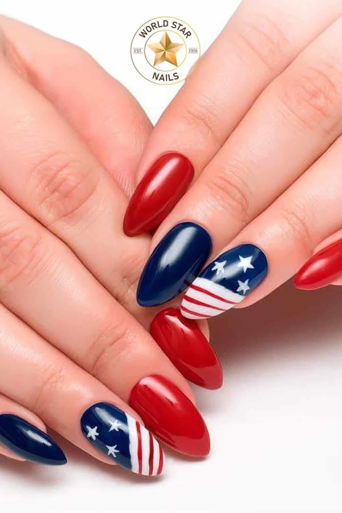 Hands with long almond-shaped nails painted red, blue, and with American flag designs. A "World Star Nails" logo appears at the top of the image.