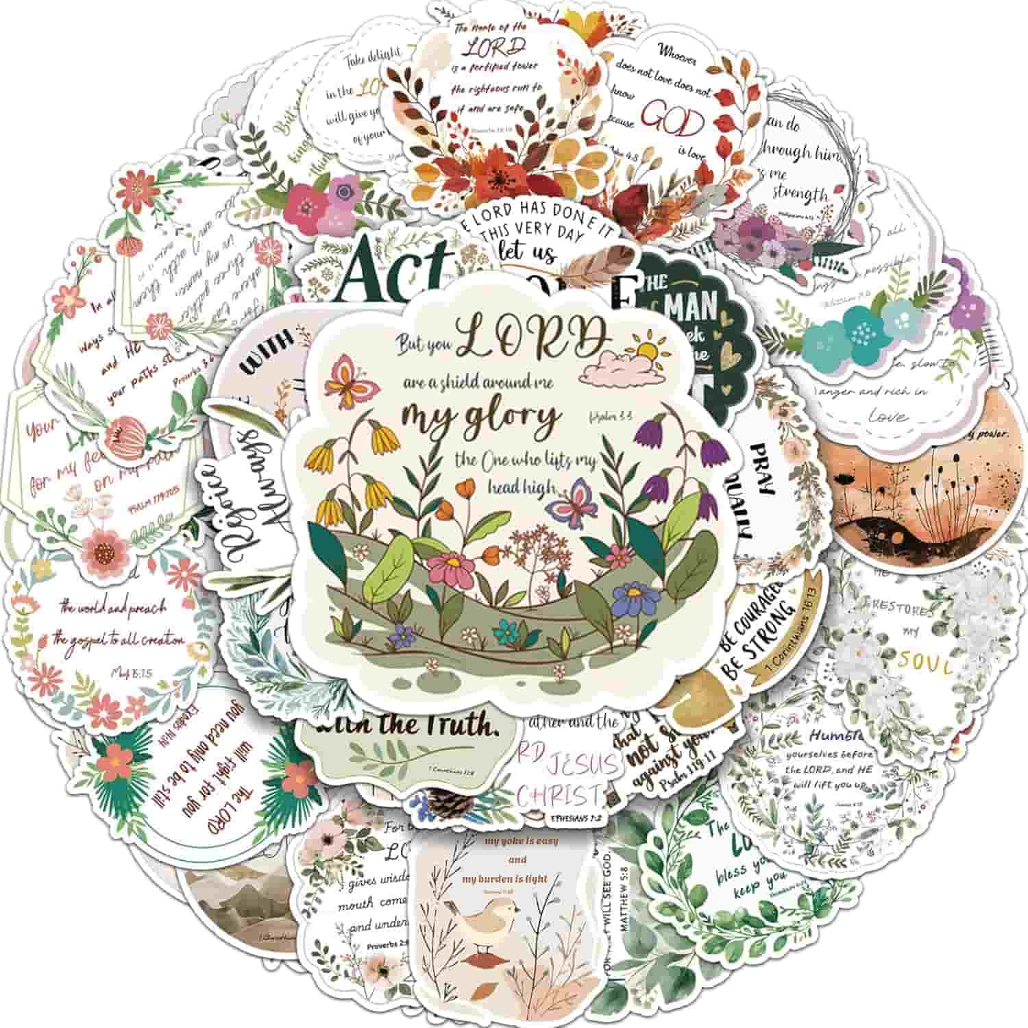 A pile of colorful stickers featuring various floral designs and inspirational Christian Bible verses arranged in a circular pattern.