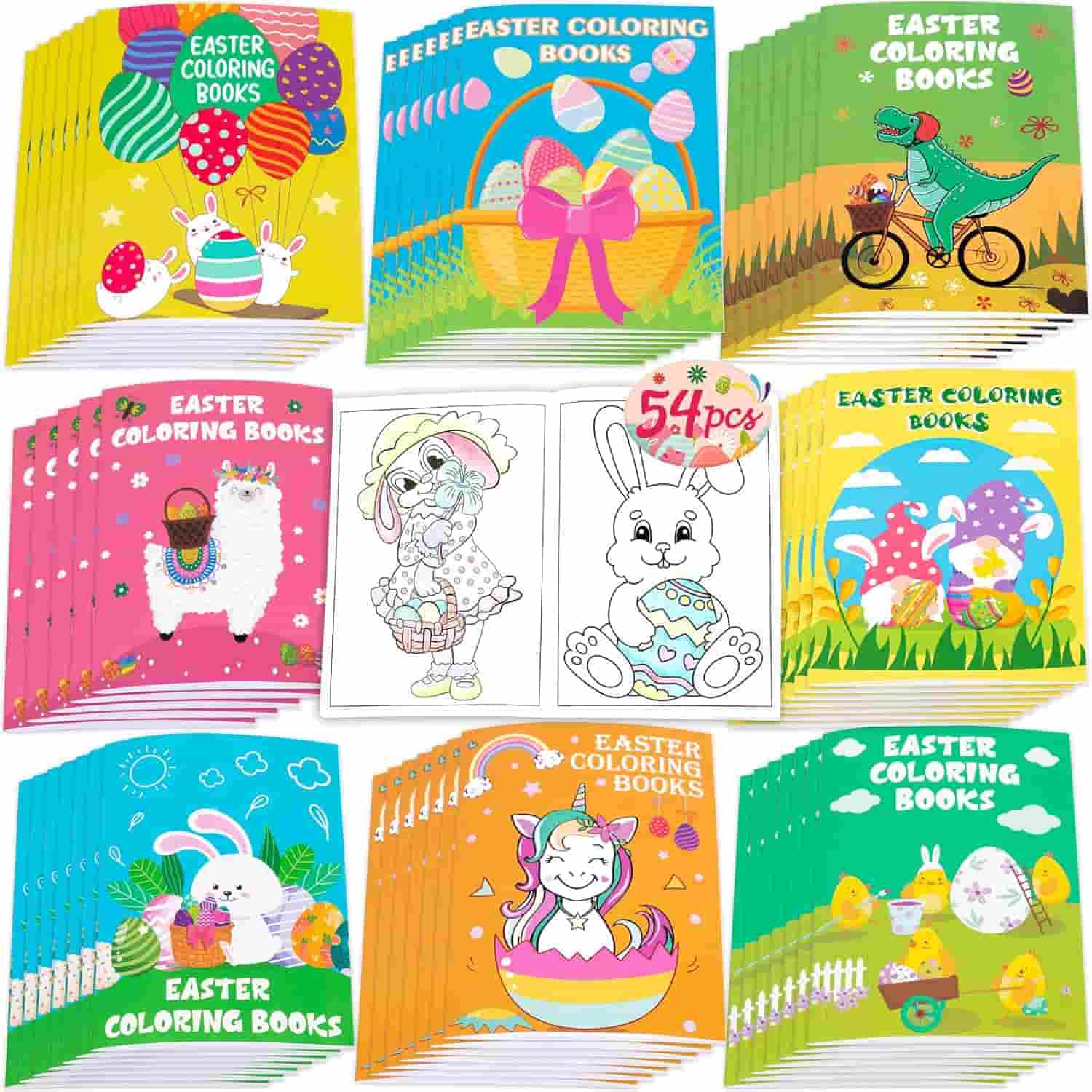 Assorted Easter coloring books with various animal-themed covers, including bunnies, llamas, and dinosaurs, arranged around two partially colored sample pages.