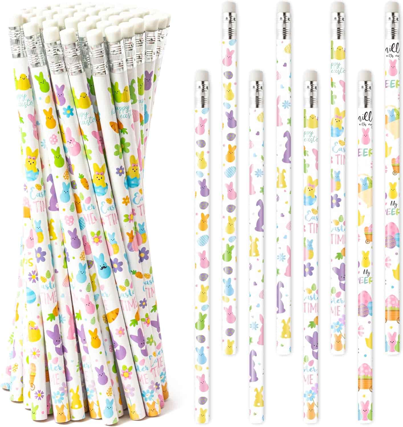 A collection of white pencils decorated with colorful Easter-themed designs, including bunnies, chicks, eggs, and flowers, each featuring a white eraser.