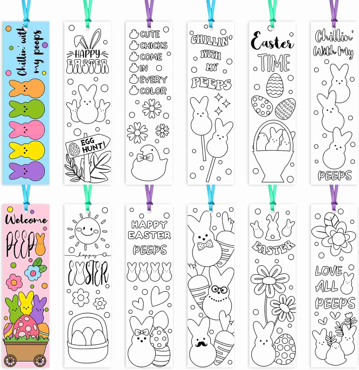 A set of twelve Easter-themed bookmarks, some colored and some outlined for coloring, featuring bunnies, eggs, chicks, flowers, and the word "Peeps.
