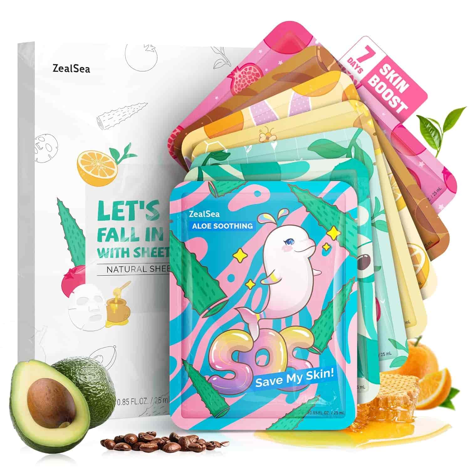 A set of ZealSea sheet masks in colorful packaging, displayed with avocado, orange, and coffee beans, promoting skin boost benefits.