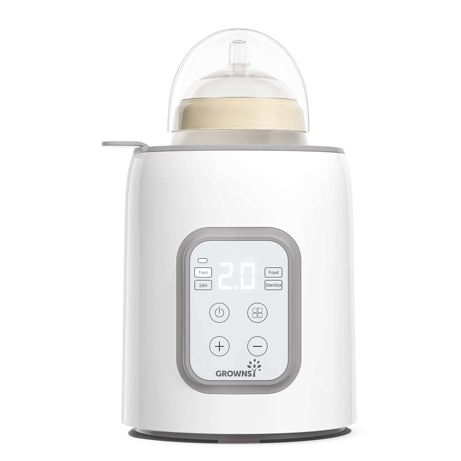 A white electric baby bottle warmer with a digital display, buttons, and a baby bottle placed inside the device.