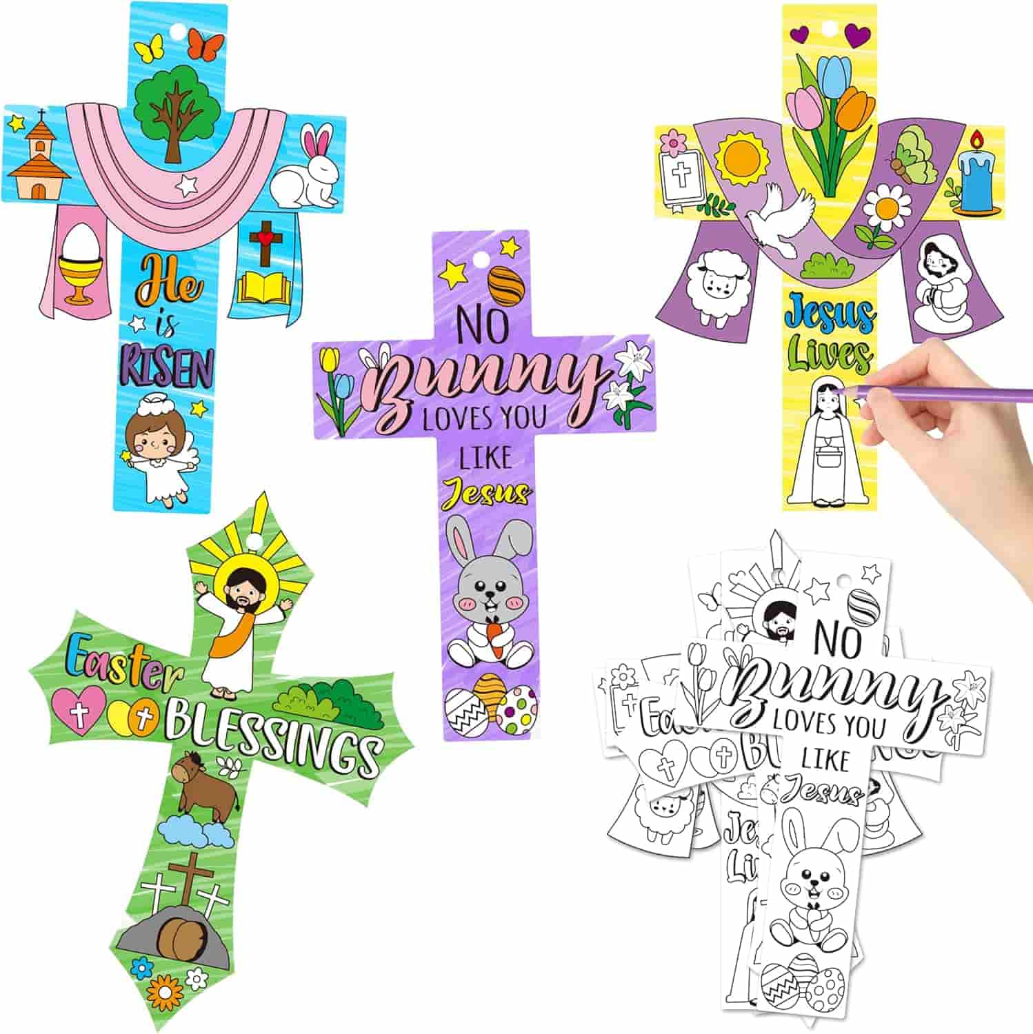 Five illustrated cross-shaped crafts with Easter and Christian themes, featuring phrases like “He is Risen” and “No Bunny Loves You Like Jesus”; one cross is being colored by hand.