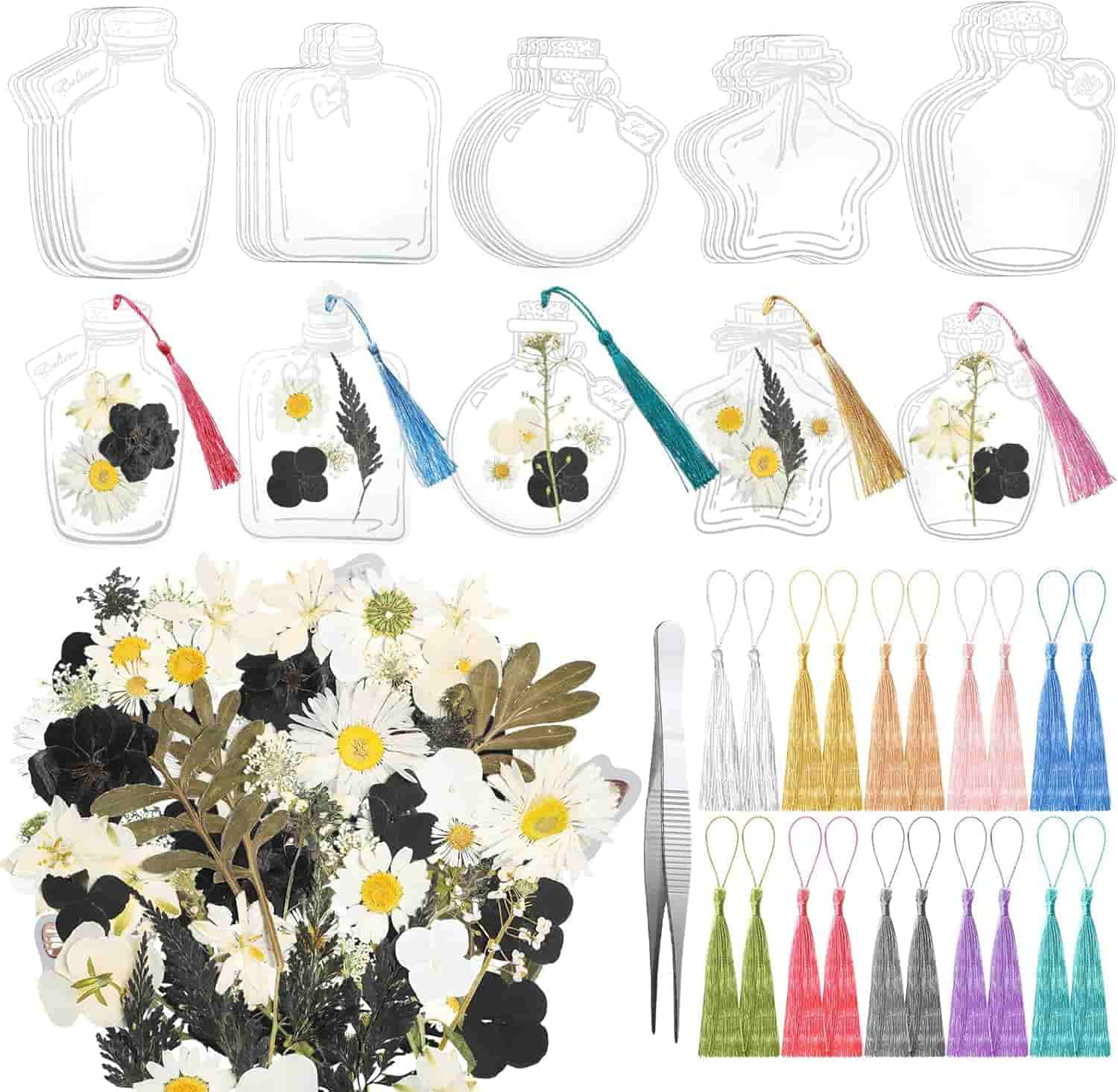 A set with clear bottle-shaped frames, real pressed flowers, colored tassels, and tweezers, arranged neatly on a white background.
