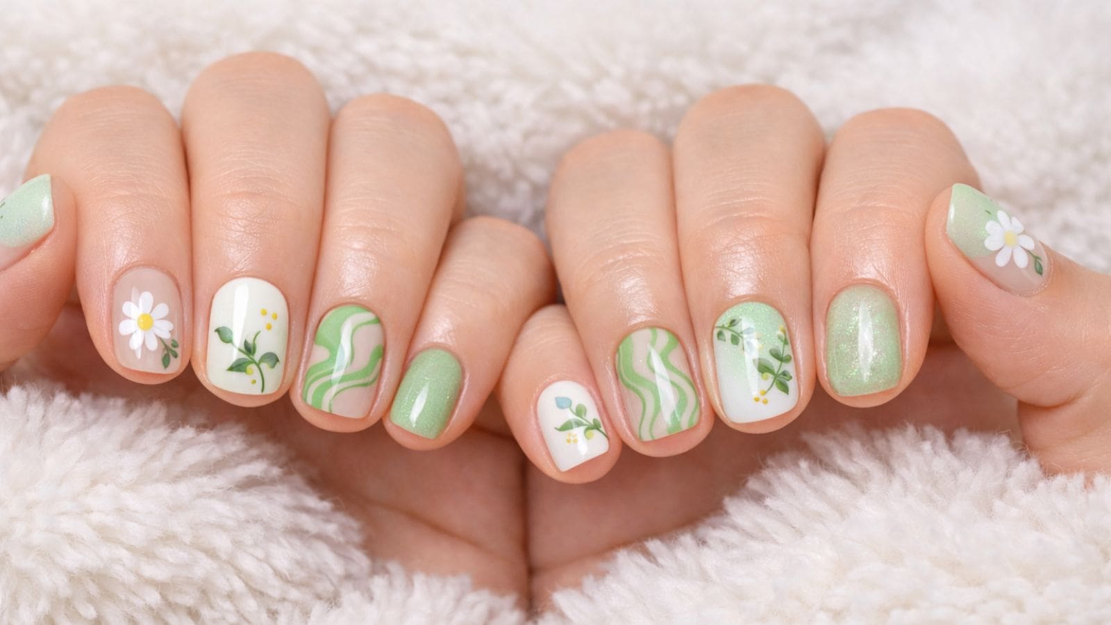 A pair of hands with manicured nails featuring green and white designs, including flowers, leaves, and wavy patterns, resting on a soft white fabric.