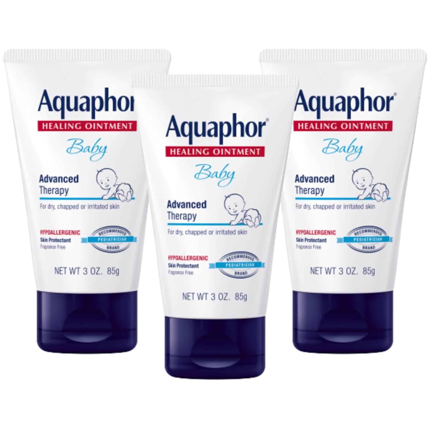 Three tubes of Aquaphor Baby Healing Ointment, each labeled as advanced therapy for dry, chapped, or irritated skin, 3 oz size.