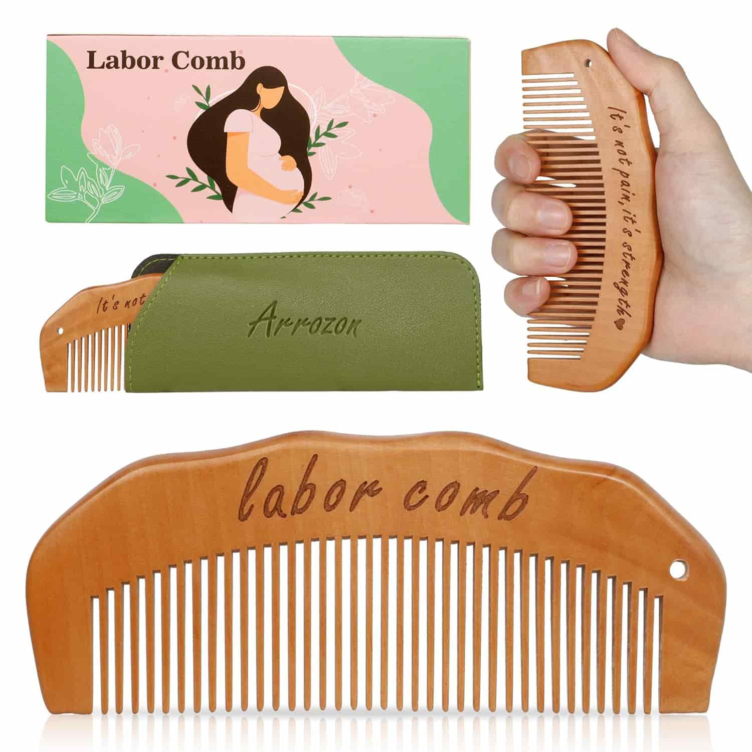 Wooden labor comb with engraved text, shown in a hand, beside a green carrying case and packaging with an illustration of a pregnant woman.
