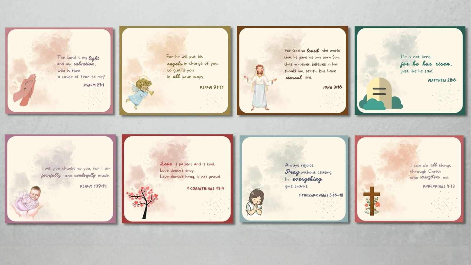 Eight illustrated cards display Bible verses with images of children, Jesus, a cross, a tomb, and a tree, each with a different scripture and pastel watercolor backgrounds.