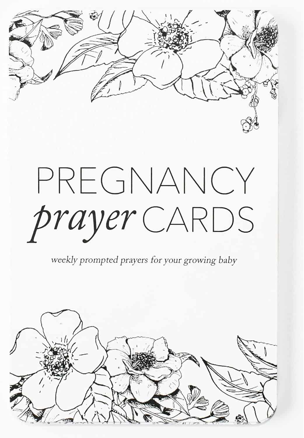 A card with floral illustrations and the text "Pregnancy prayer cards: weekly prompted prayers for your growing baby.