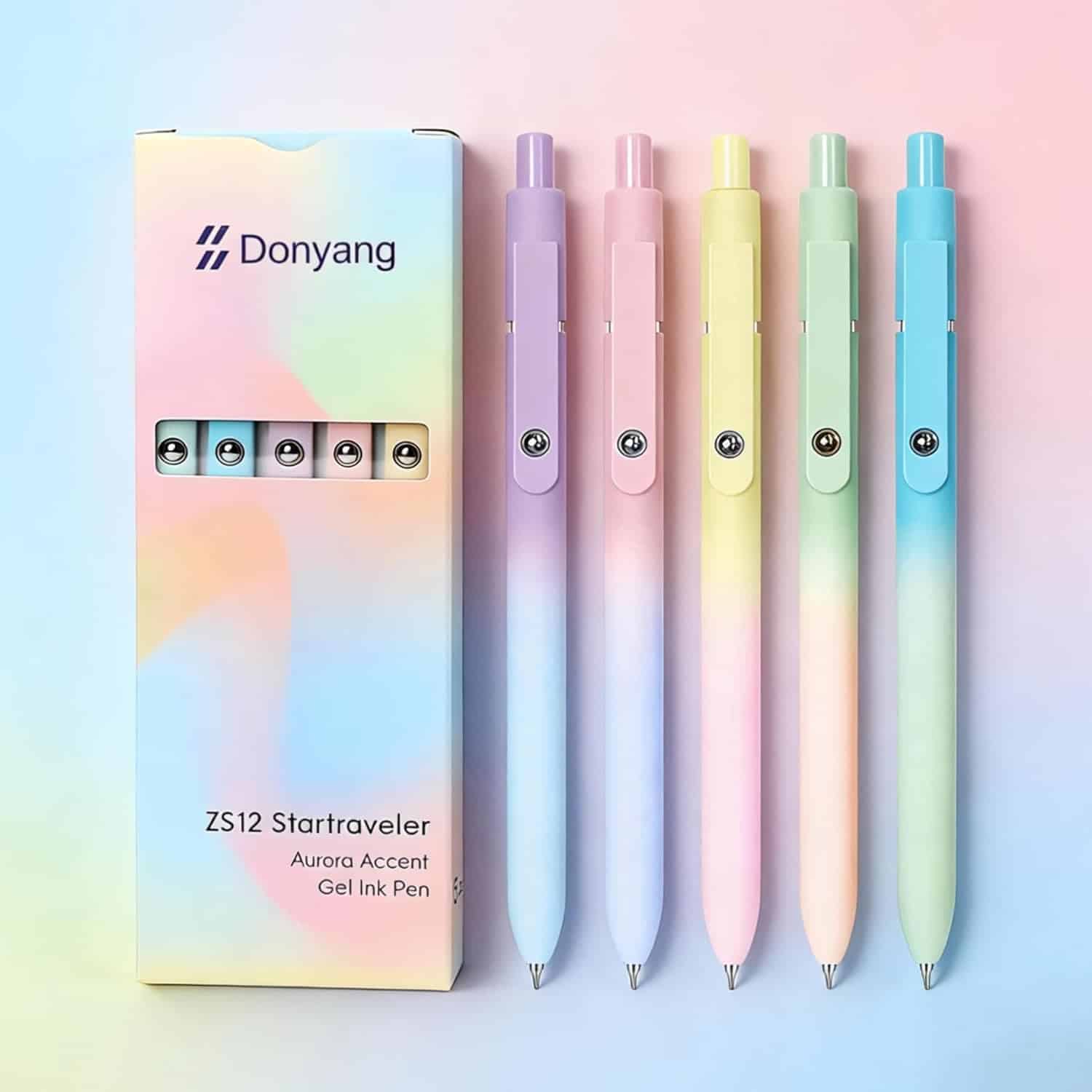 A box labeled "Donyang" alongside five gradient-colored gel ink pens in pastel shades, arranged side by side on a soft pastel background.