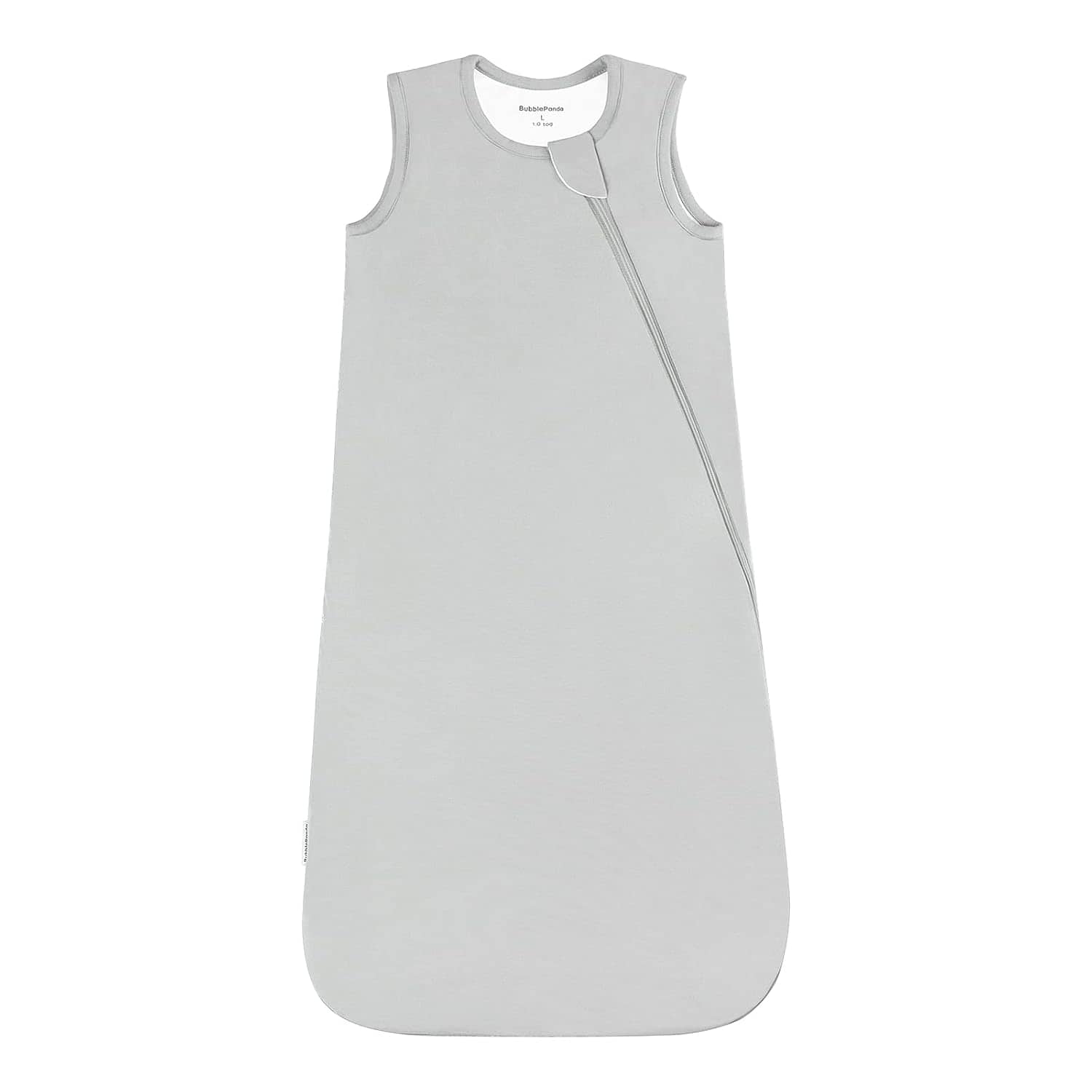 A sleeveless, light gray baby sleep sack with a diagonal front zipper, displayed against a white background.