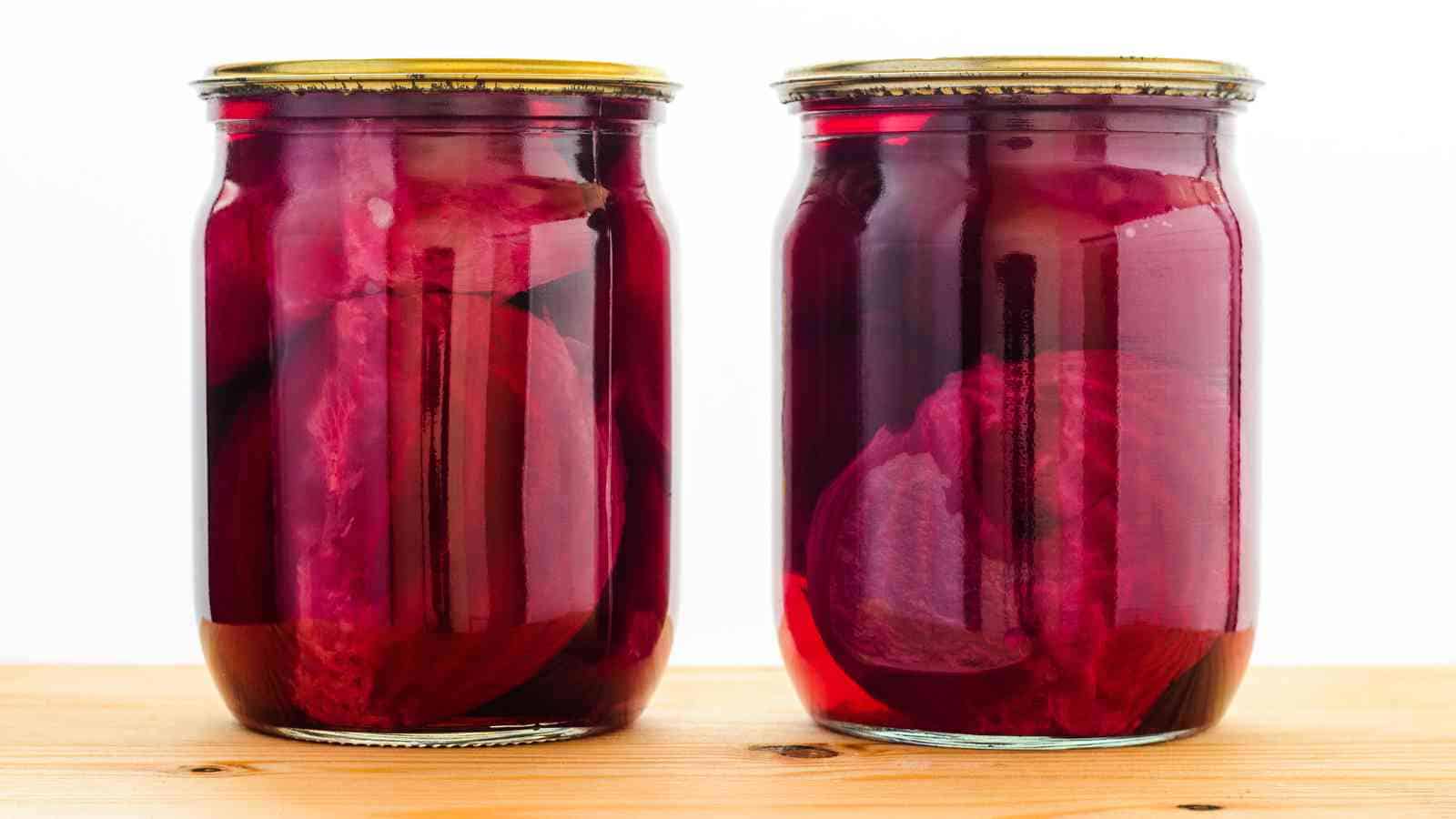 Two glass jars filled with whole pickled beets in deep red brine, sealed with metal lids, sit on a wooden surface against a white background.