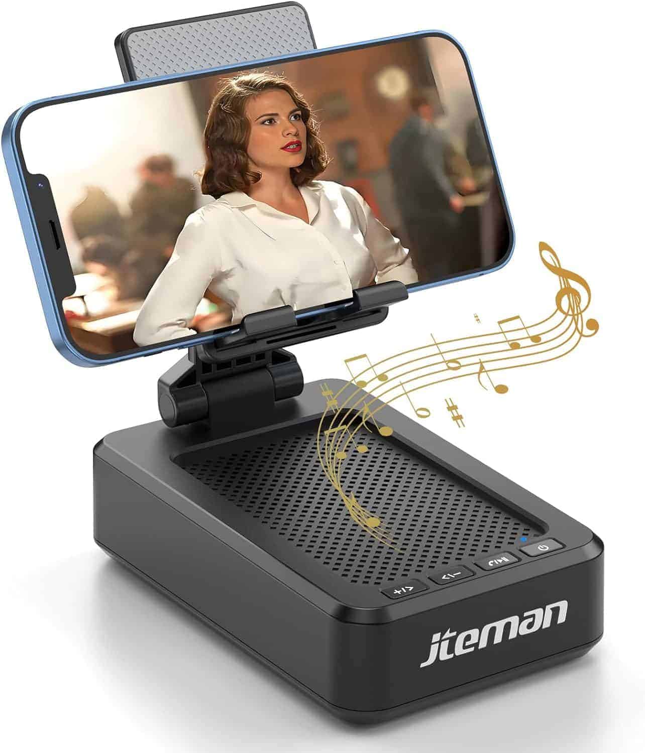 A smartphone is displayed in a holder on top of a Jteman wireless speaker, with music notes illustrated coming from the speaker.