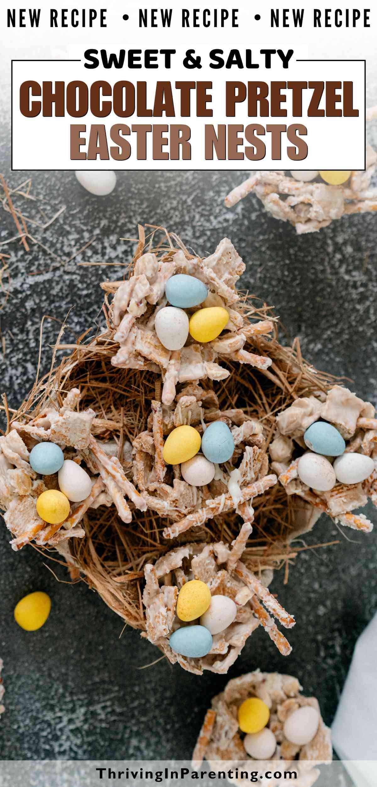 Pin image of chocolate pretzel Easter nests recipe blog post.