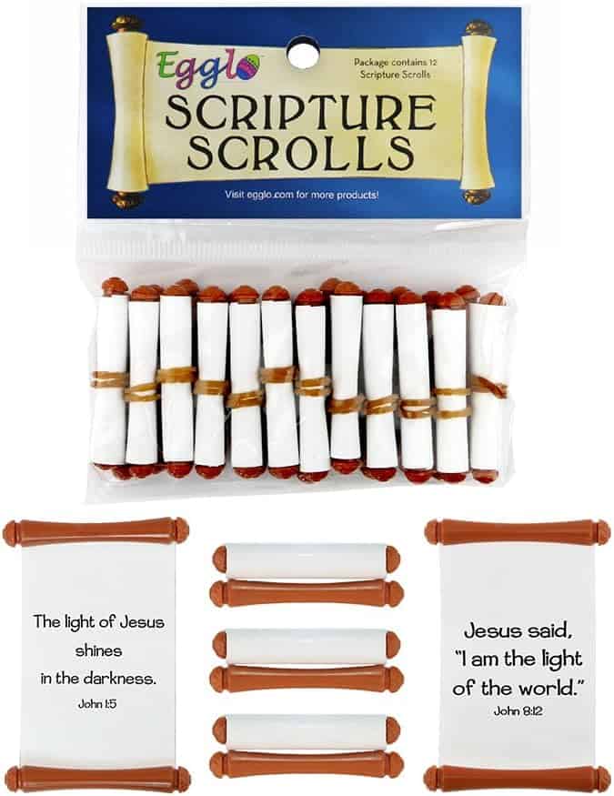 A package of 12 mini scripture scrolls with brown handles; two scrolls are open showing Bible verses John 1:5 and John 8:12 in black text.