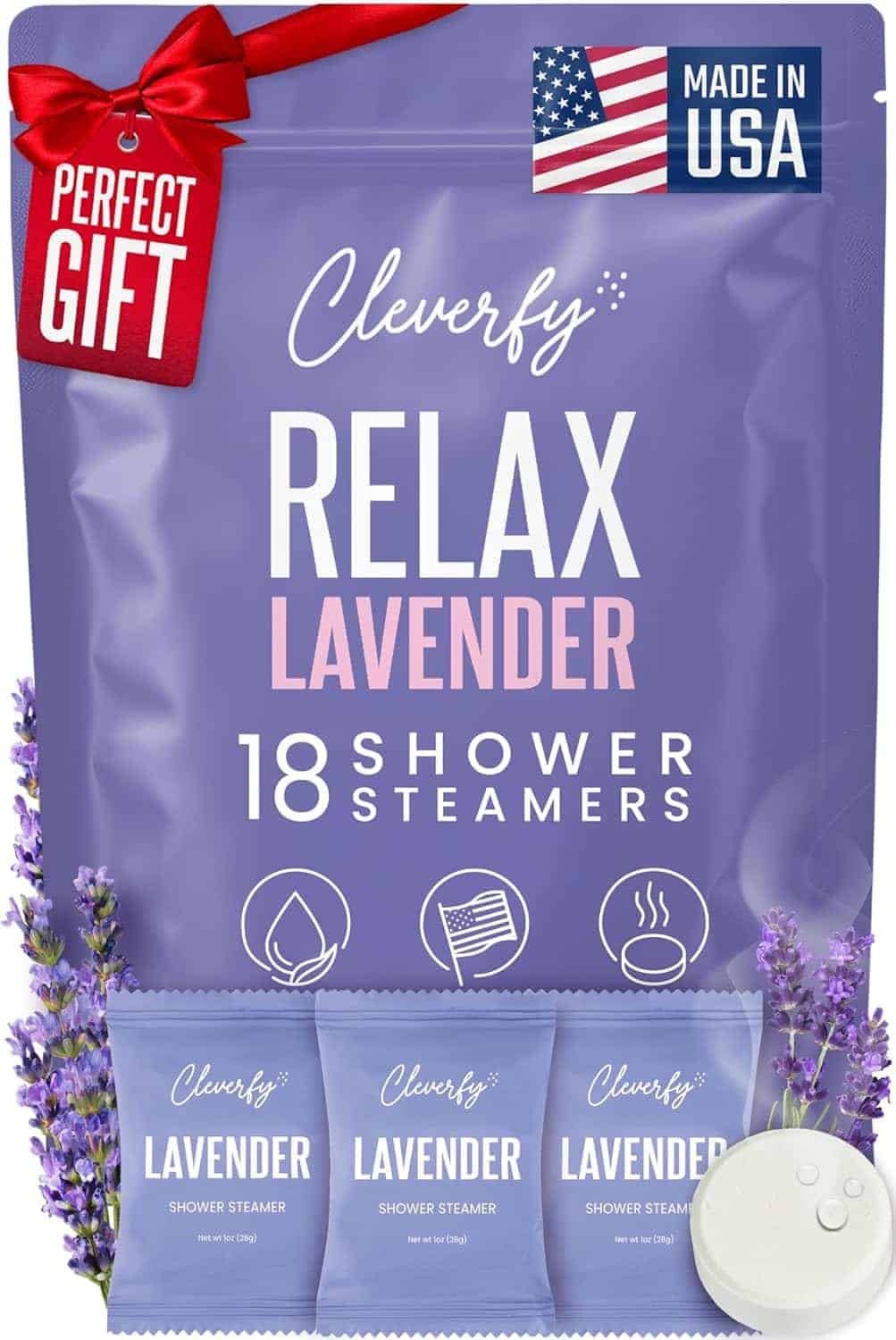 Cleverfy Relax Lavender Shower Steamers pack with 18 steamers, labeled as a perfect gift and made in the USA, shown with lavender flowers and individual packets.