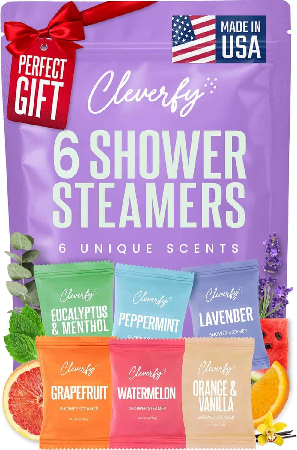 A package of Cleverfy 6 Shower Steamers in assorted scents, featuring a "Perfect Gift" label and "Made in USA" flag. Individual scents and fruits are displayed on the packaging.