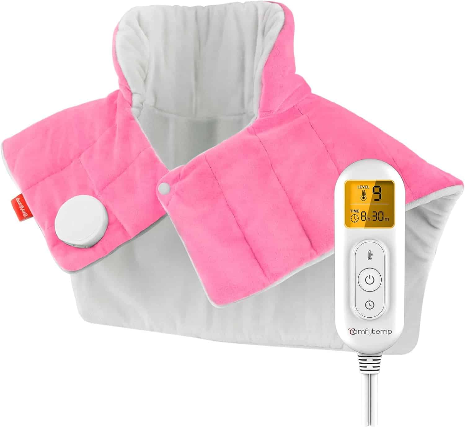 Pink and gray heated neck and shoulder wrap with a digital controller displaying temperature and timer settings.