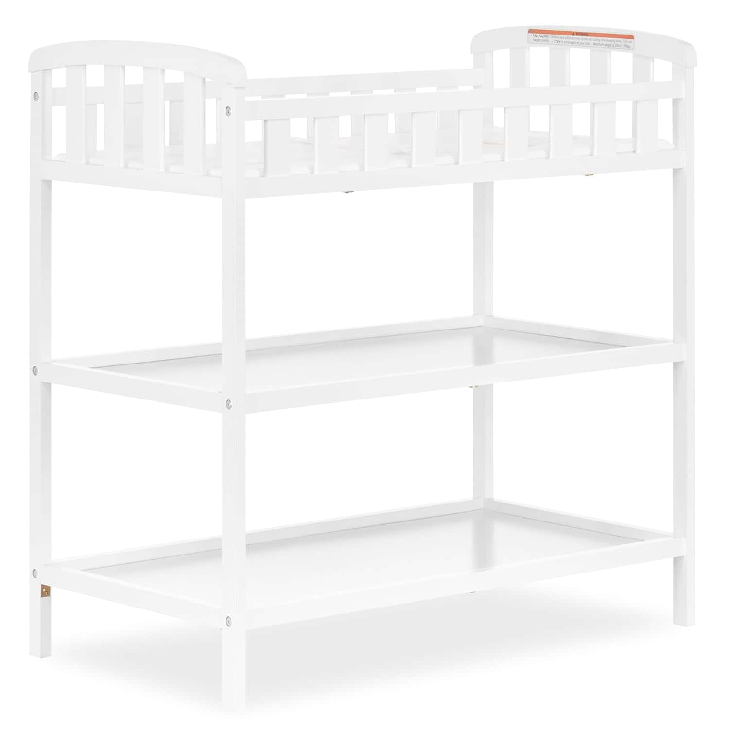 White wooden baby changing table with two open lower shelves and a safety rail around the top changing area, shown on a white background.