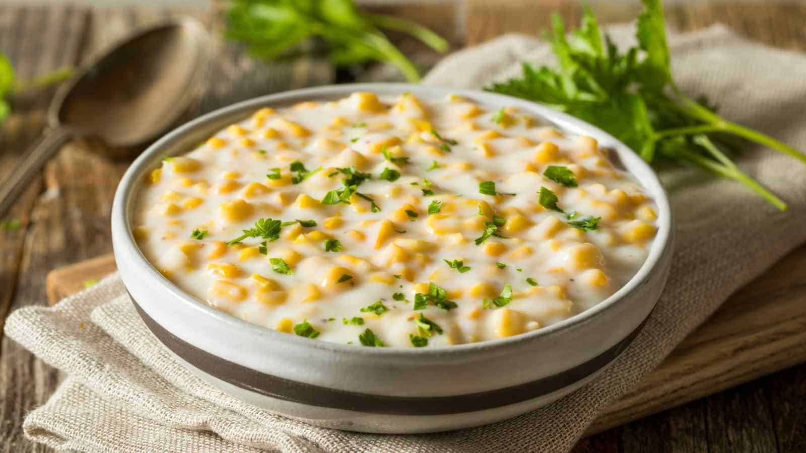 A bowl of creamed corn garnished with chopped parsley sits on a cloth napkin, with a spoon and herbs in the background on a wooden table.
