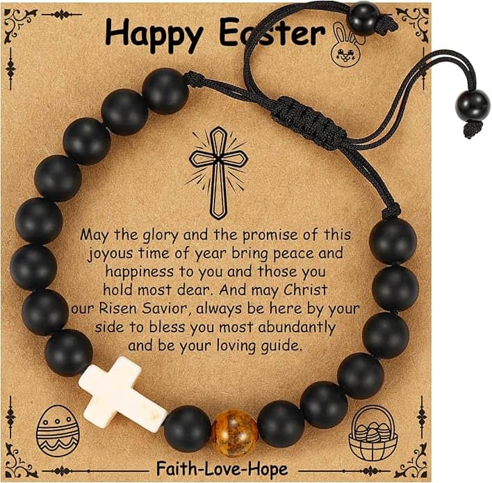 Black beaded bracelet with a white cross and brown bead, displayed on a card with an Easter message about faith, love, hope, and Christ's blessings.