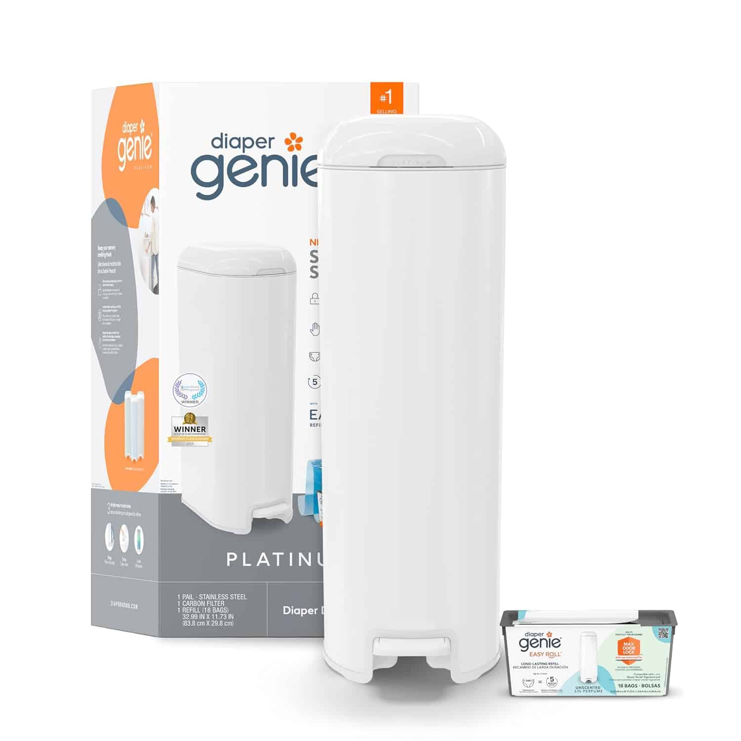 A white Diaper Genie Platinum pail is shown in front of its packaging box, with a pack of Diaper Genie refills placed beside it.