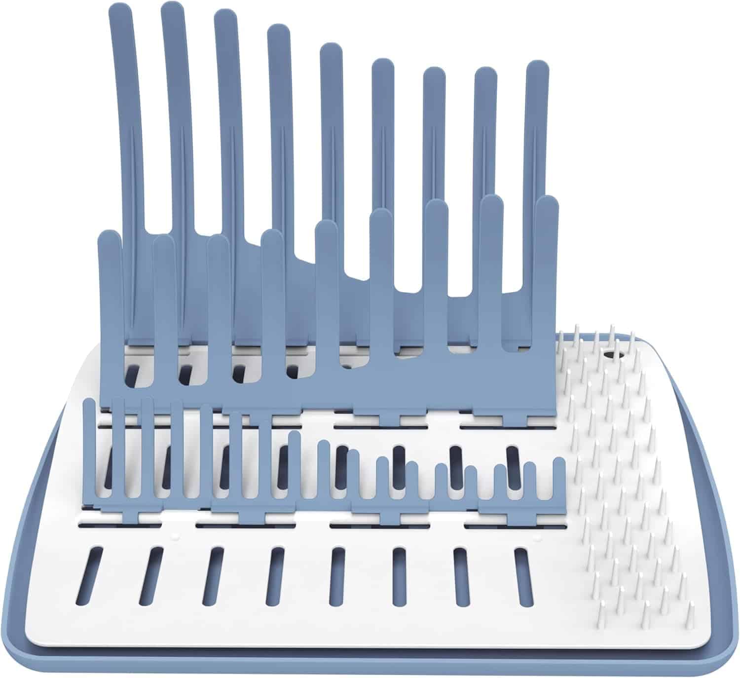 A blue and white plastic dish rack with multiple vertical slots for holding plates and utensils, and a section with short pegs for drying smaller items.