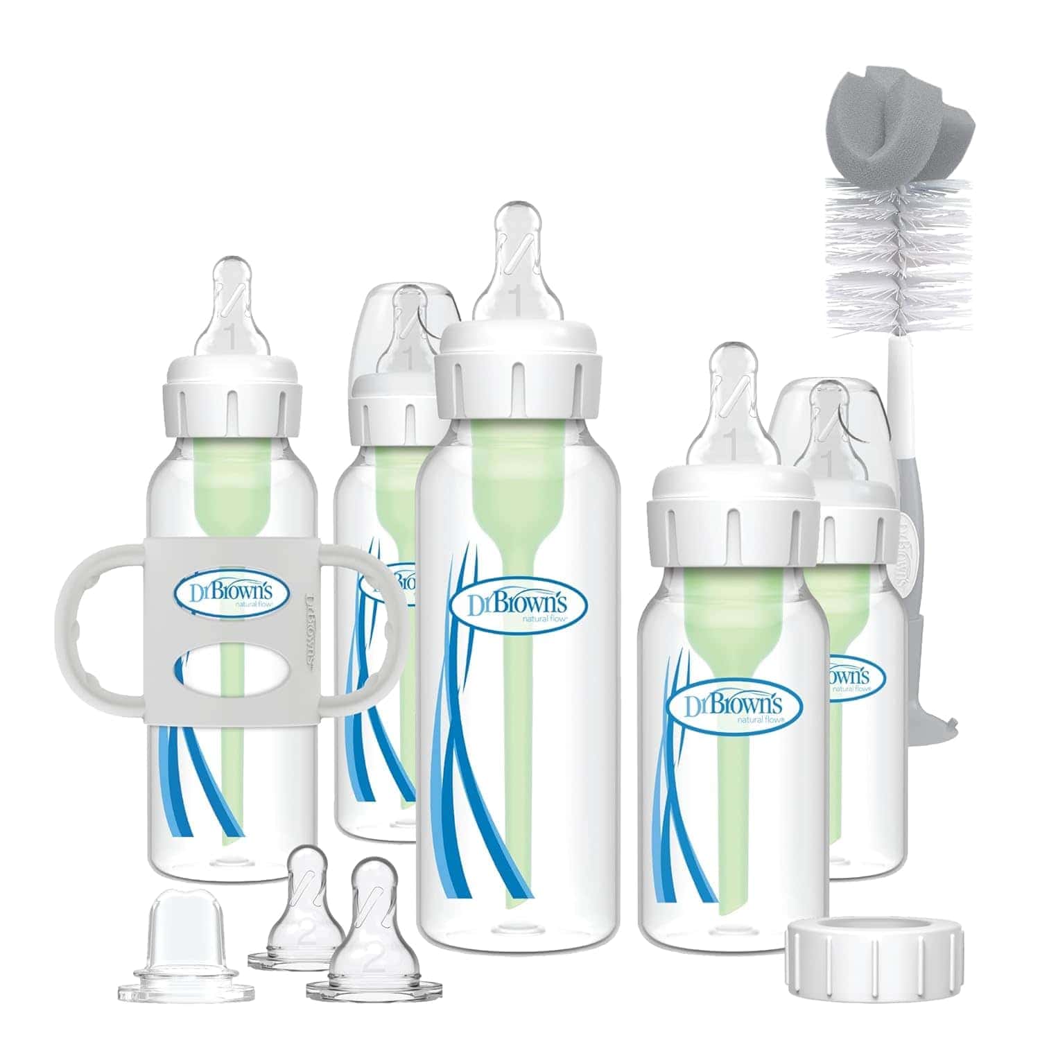 A set of Dr. Brown's baby bottles in various sizes, extra nipples, a bottle brush, and a bottle handle attachment are displayed on a white background.