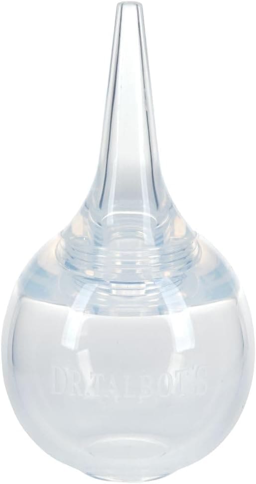 A clear plastic bulb syringe with a long, tapered nozzle, commonly used for nasal or ear suction.