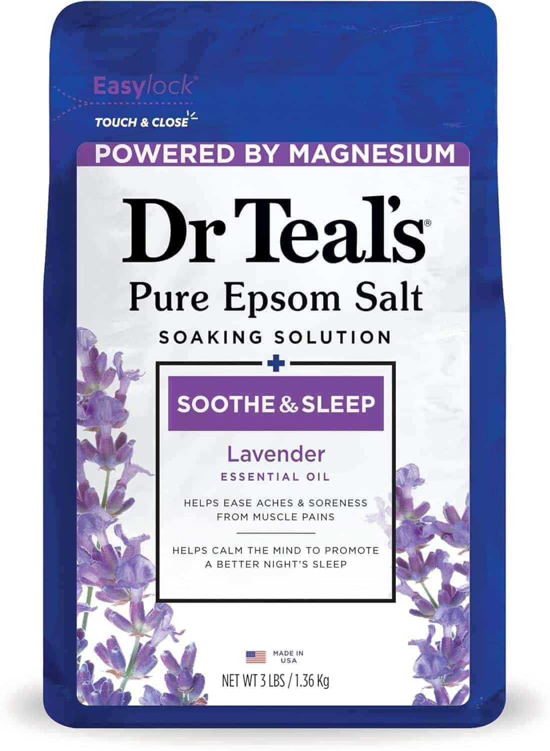 A 3 lb bag of Dr Teal’s Pure Epsom Salt Soaking Solution, Lavender scent, with magnesium, for soothing aches and promoting better sleep.