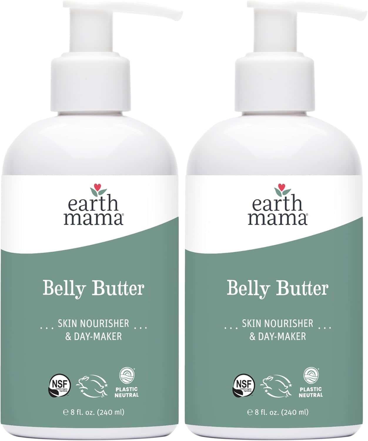 Two bottles of Earth Mama Belly Butter, each 8 fl. oz. (240 mL), labeled as skin nourisher and day-maker, with pump dispensers and NSF and Plastic Neutral logos.