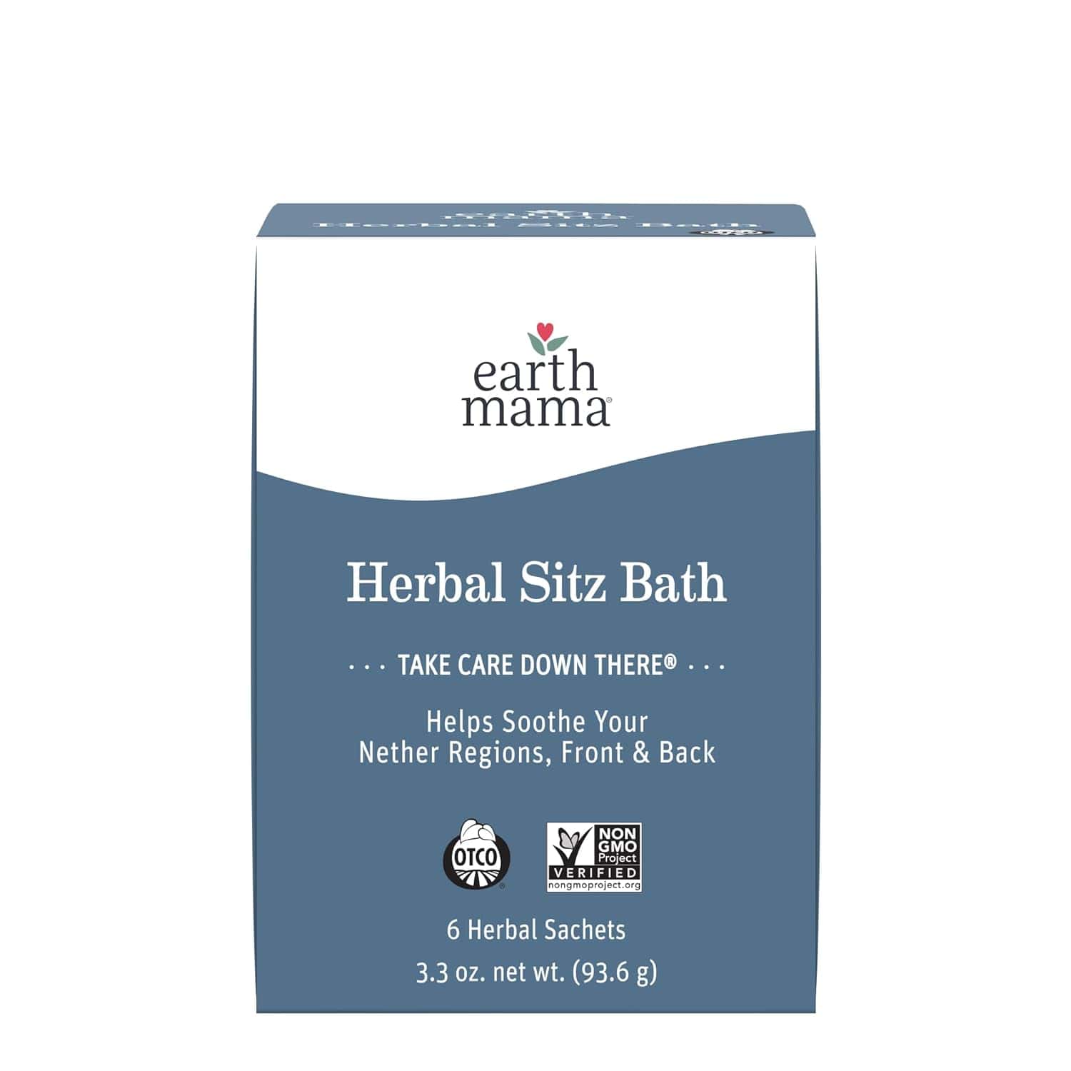 A box of Earth Mama Herbal Sitz Bath with six herbal sachets, labeled to soothe nether regions and featuring OTCO and Non-GMO Project Verified logos.