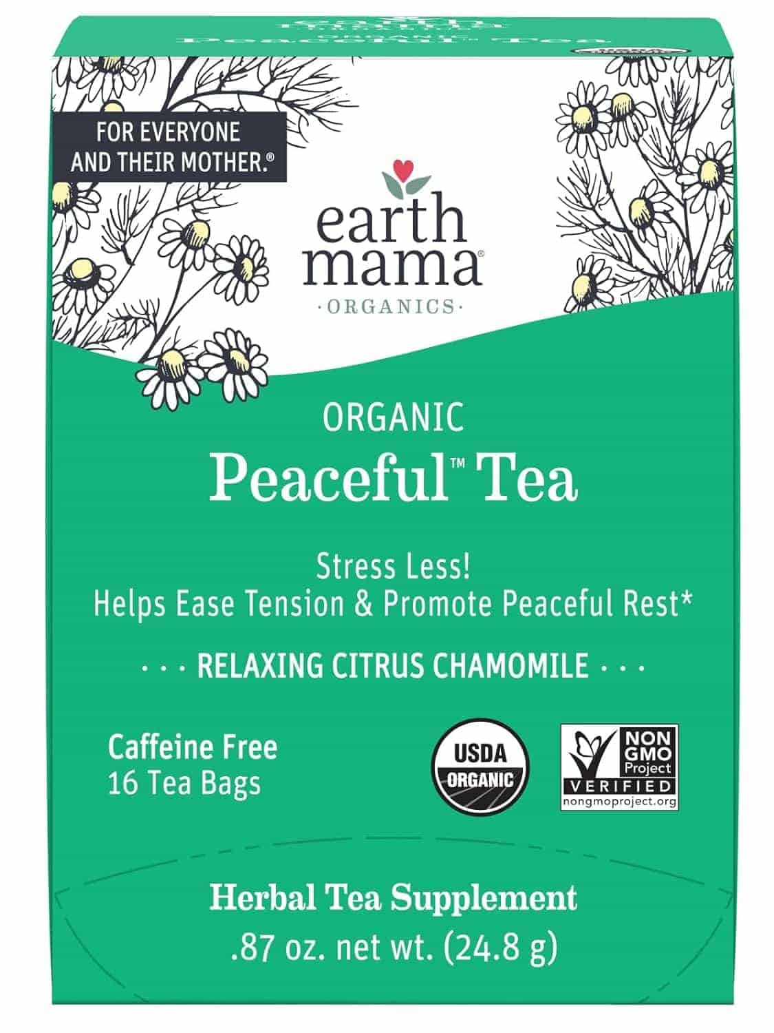 Green box of Earth Mama Organics Organic Peaceful Tea with chamomile design, stating it's caffeine free, promotes restful sleep, and contains 16 tea bags.