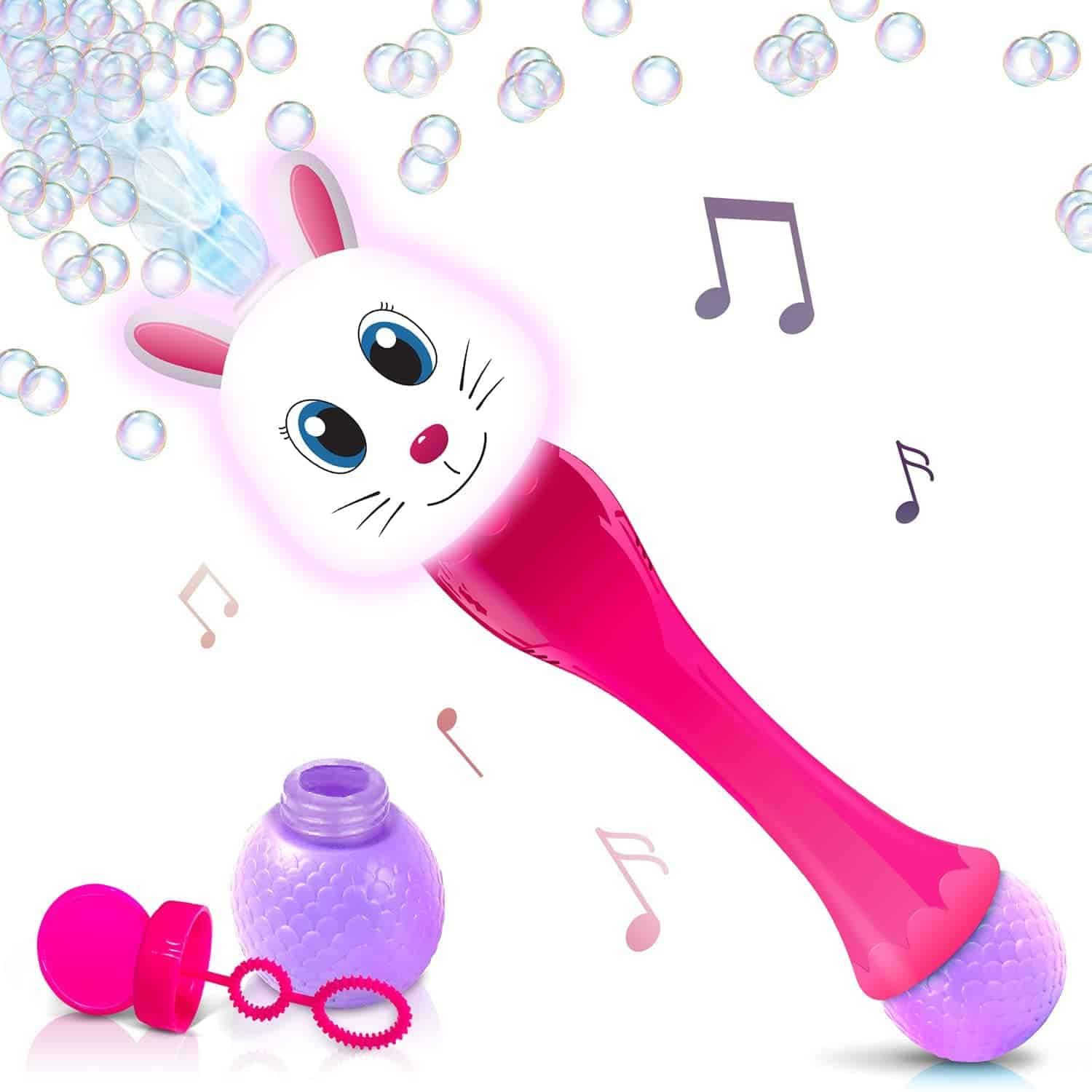 A pink bubble wand with a rabbit face design is emitting bubbles. A purple bubble solution container and wand cap are shown nearby. Musical notes are illustrated in the background.