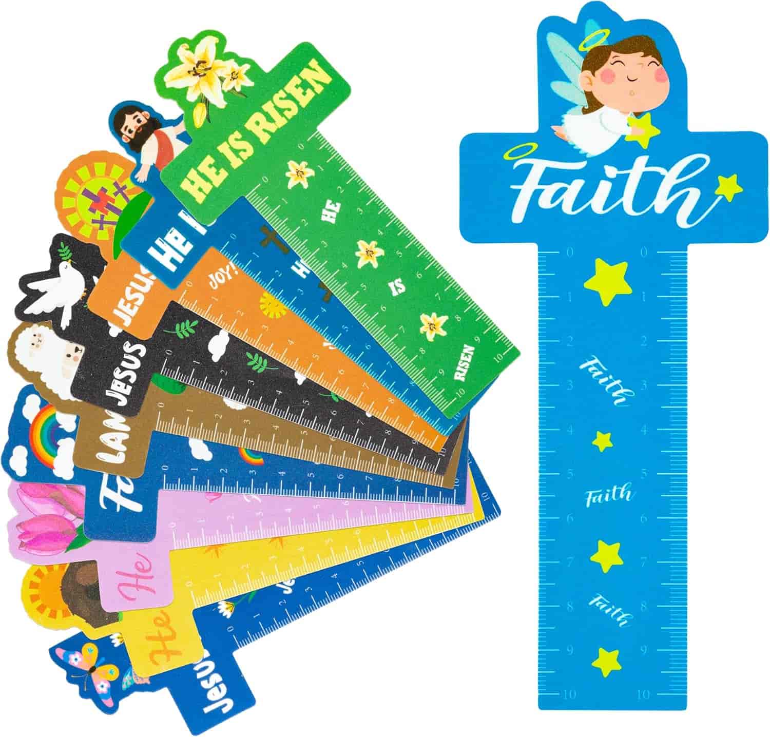 A set of colorful cross-shaped plastic rulers with Christian-themed designs and phrases such as "Faith" and "He is risen.